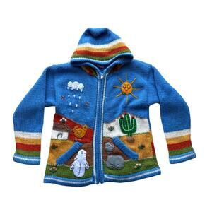 Peruvian Kids Knit Hoodie Bright Colorful with Embroidered Animals Size 8